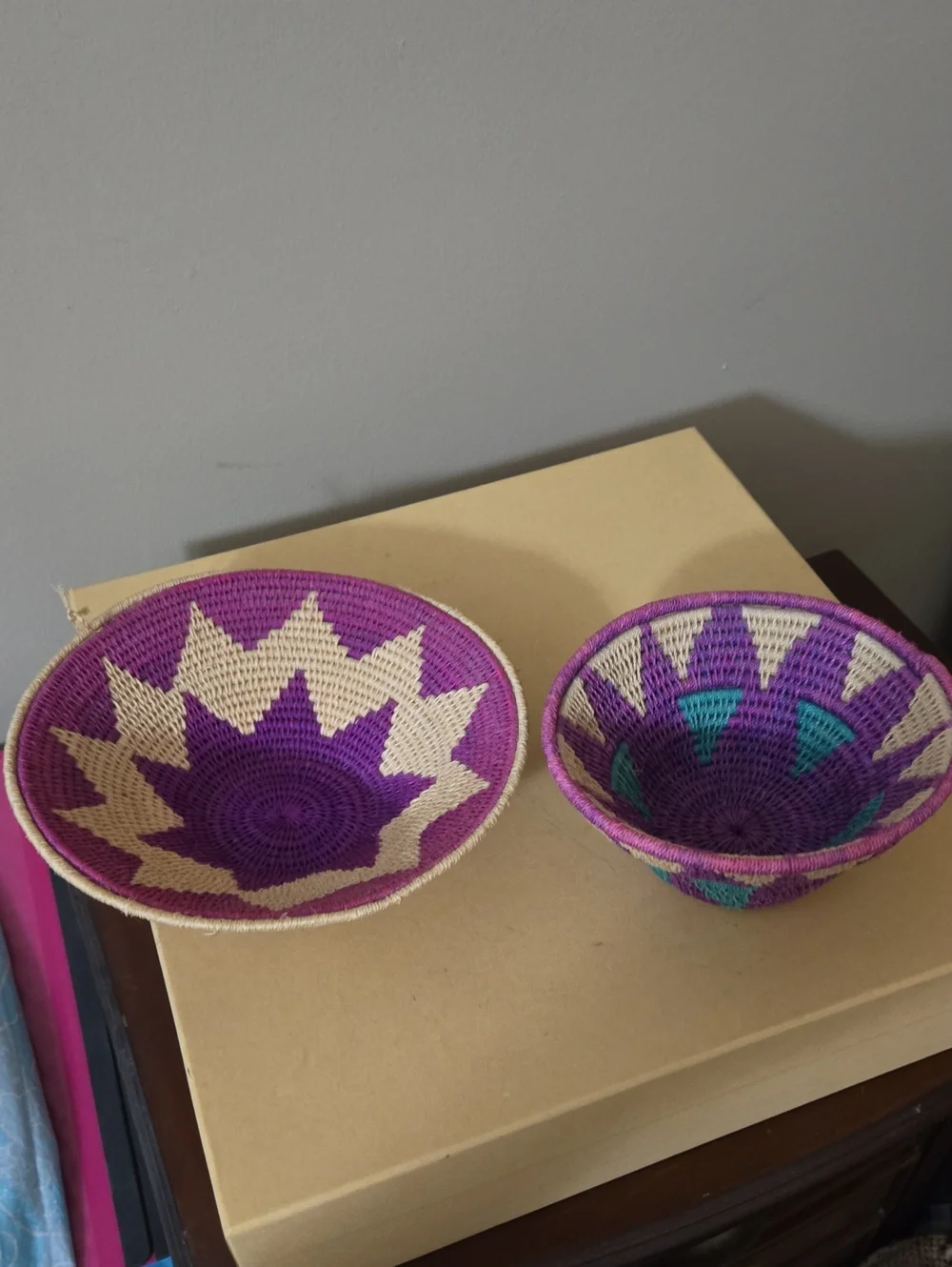 Handwoven African Purple and Natural Decorative Woven Bowl Set of 2